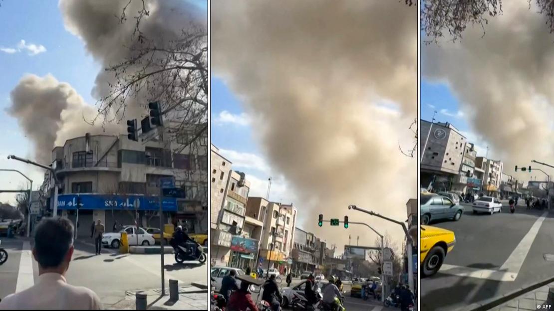 Tahran sokaklarından saldırı sonrası gelen üç farklı görüntü. Genel tema, Tuhran sokaklarından dumanlar yükseliyor, insanlar kaçıyor Tahran sokaklarından saldırı sonrası gelen üç farklı görüntü. Genel tema, Tuhran sokaklarından dumanlar yükseliyor, insanlar kaçıyor