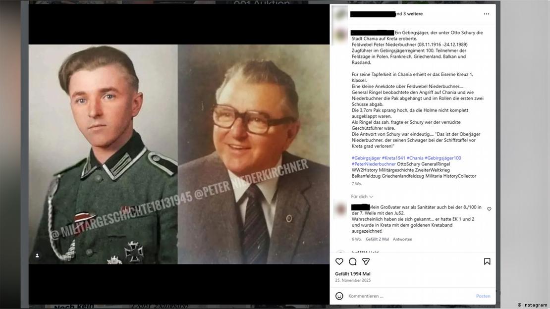 Screenshot from an Instagram post by the account "das_kriegstagebuch" featuring a photo of Wehrmacht mountain infantryman Otto Schury. The post shows two photos: one of the young soldier Schury in a Wehrmacht uniform and one of him in later years, in a suit and tie Screenshot from an Instagram post by the account "das_kriegstagebuch" featuring a photo of Wehrmacht mountain infantryman Otto Schury. The post shows two photos: one of the young soldier Schury in a Wehrmacht uniform and one of him in later years, in a suit and tie