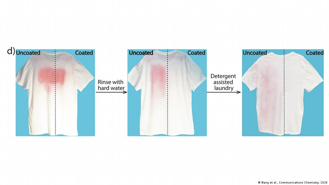 Una camiseta blanca con recubrimiento PEM-5 aplicado solo en su lado derecho, manchada con aceite teñido y lavada en lavadora convencional, primero con agua y luego con detergente comercial.