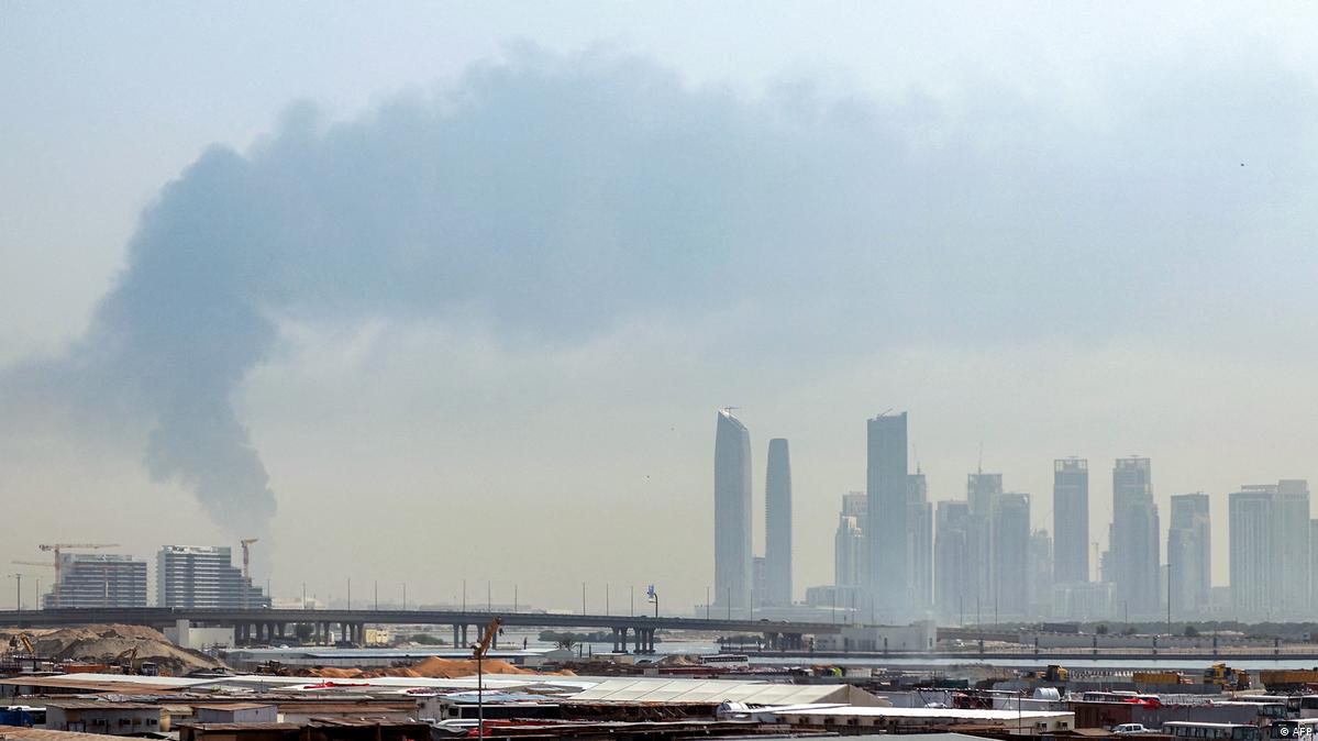 Smoke rises near Dubai international airport after an Iranian drone strike in March
