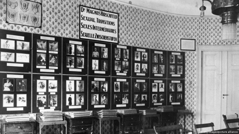 Fotografija iz Instituta za seksualne nauke Magnusa Hiršfelda, snimljena oko 1930. godine, prikazuje slike „seksualnih tranzicija“