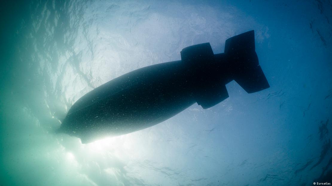 The underwater drone Greyshark by German company Euroatlas, as seen from below, is shaped like a torpedo
