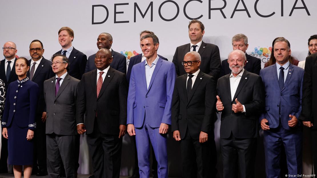 (From L front row) Mexico's President Claudia Sheinbaum, Colombia's President Gustavo Petro, South Africa's President Cyril Ramaphosa, Spain's Prime Minister Pedro Sanchez, Cape Verde's President Jose Maria Neves, Brazilian President Luiz Inacio Lula Da Silva, and Uruguay's President Yamandu Orsi pose for a family photo