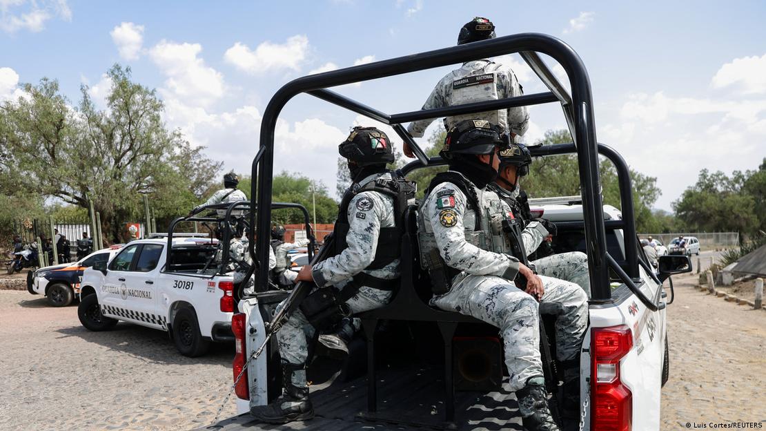 Members of the Mexican National Guard sit on a vehicle after a shooting  at the Teotihuacan pyramids on the outskirts of Mexico City, Mexico, April 20, 2026.