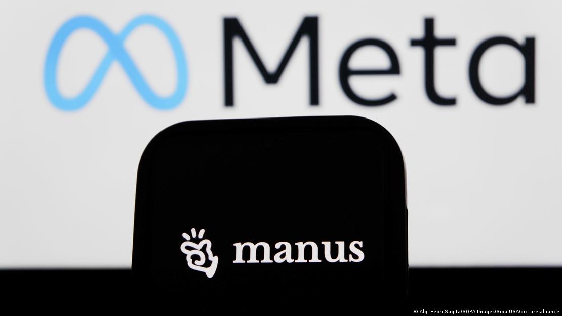 Sembolik görselde bir akıllı telefon ekranında Manus'un adı ve logosu, arka planda ise Meta'nın adı ve logosu yer alıyor.