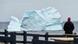 A person wearing a pink hat views a large iceberg in the harbor. A person wearing a pink hat views a large iceberg in the harbor.