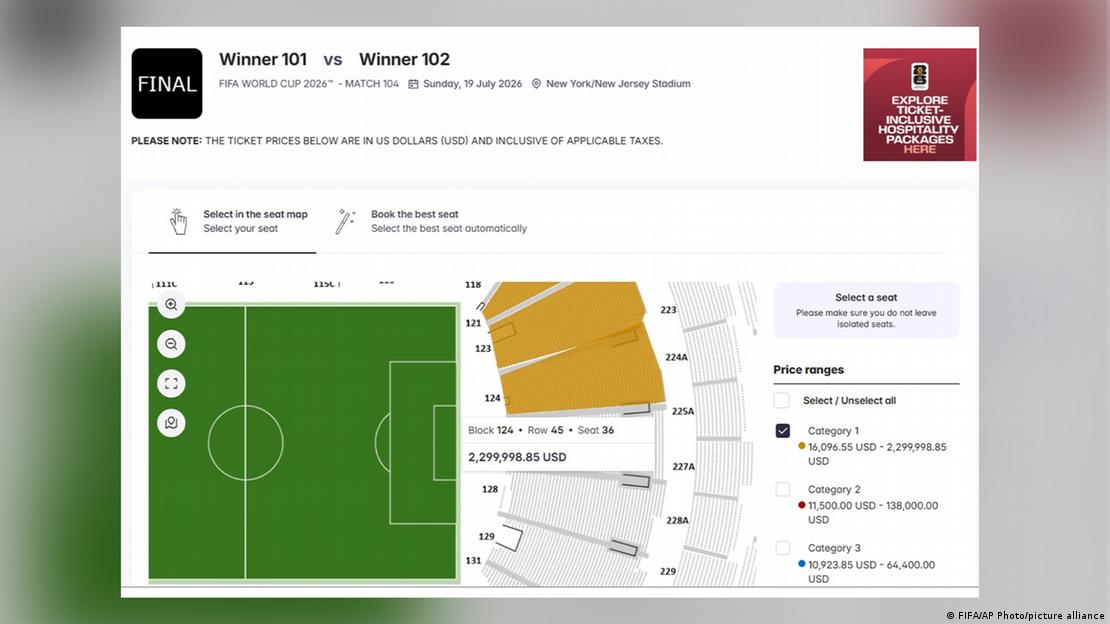 Captura de pantalla con el valor de las entradas para ver la final de la Copa Mundial de 2026.