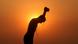 A labourer is silhouetted against the setting sun pouring water over his head A labourer is silhouetted against the setting sun pouring water over his head