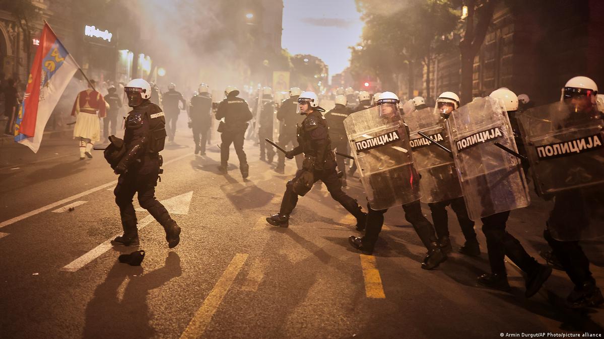 Riot police move in to disperse anti-government protesters during a rally led by students who are pushing for major political changes, in Belgrade, Serbia, on May. 23, 2026