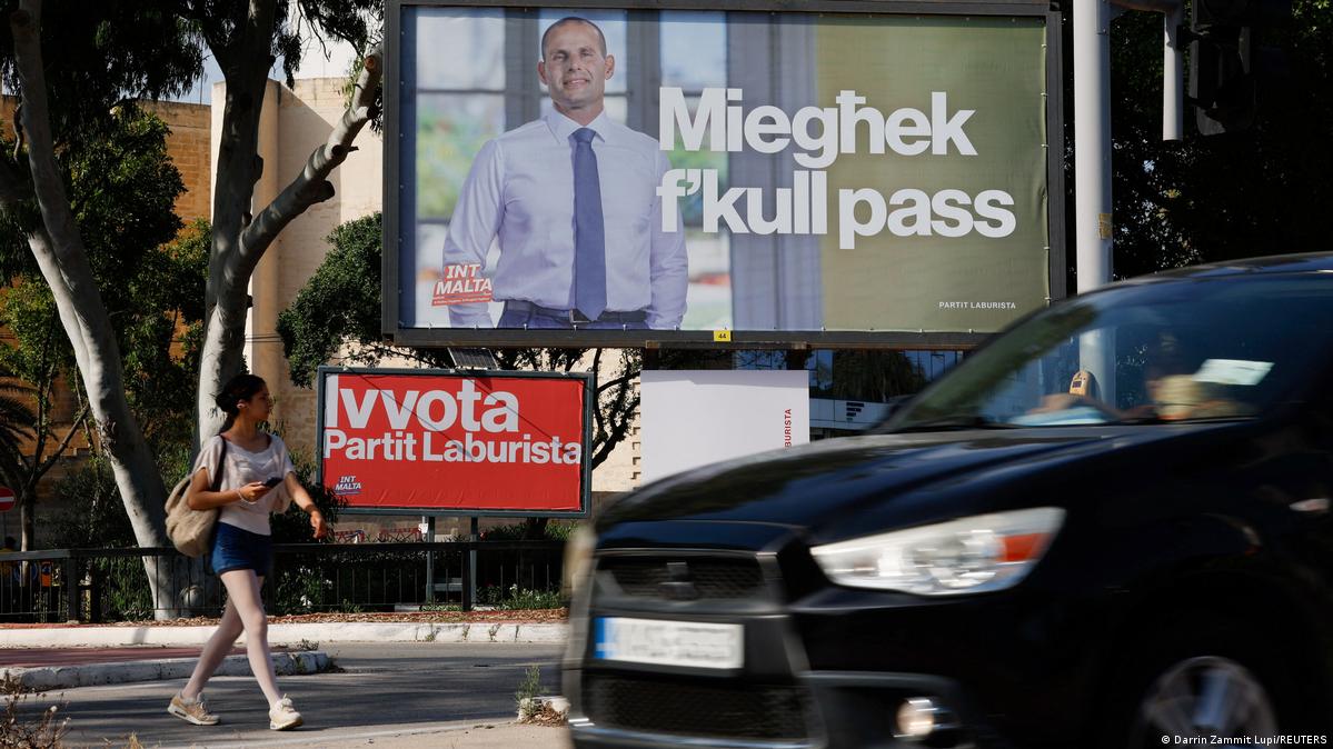 A billboard showing Malta's Prime Minister and Labour Party leader Robert Abela