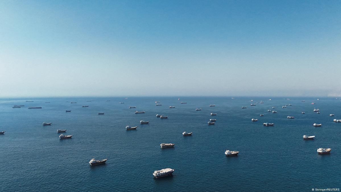 A drone view shows vessels at the Strait of Hormuz, as seen from Musandam, Oman