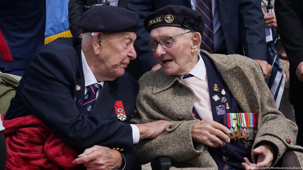 D-Day veterans after a ceremony at the British Normandy Memorial in Ver-sur-Mer, France, to mark the 82nd anniversary of the D-Day landings