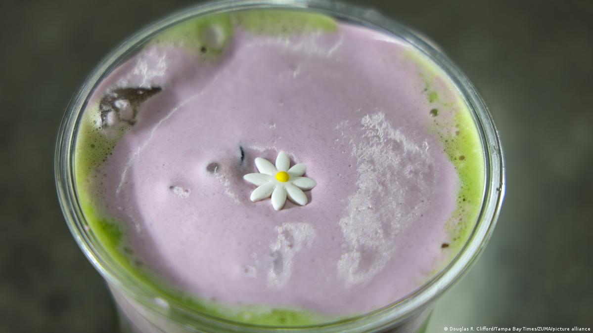 Mor köpüklü ube matcha içkisi