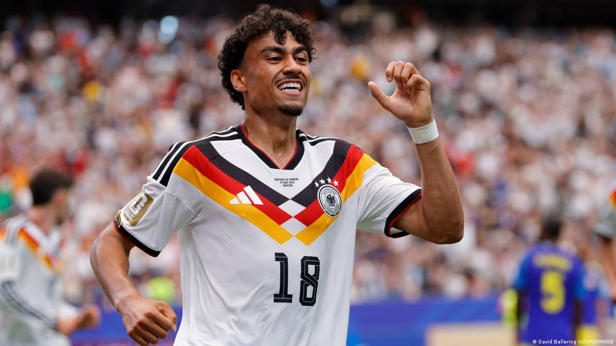 Nathaniel Brown celebrates his goal for Germany against Curacao at the World Cup