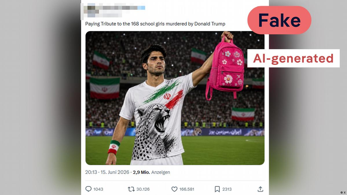 A man holding a pink backpack in a soccer stadium, with verdicts fake and AI-generated