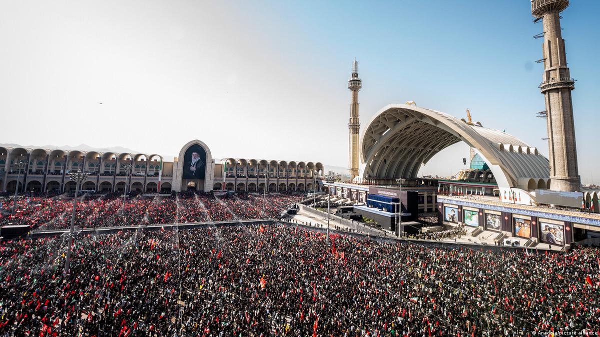 Hundreds of thousands of Iranians gather at the Imam Khomeini Mosalla to attend the funeral prayer at Imam Khomeini Mosalla Mosque during the funeral ceremony for former Iranian Supreme Leader Ali Kha