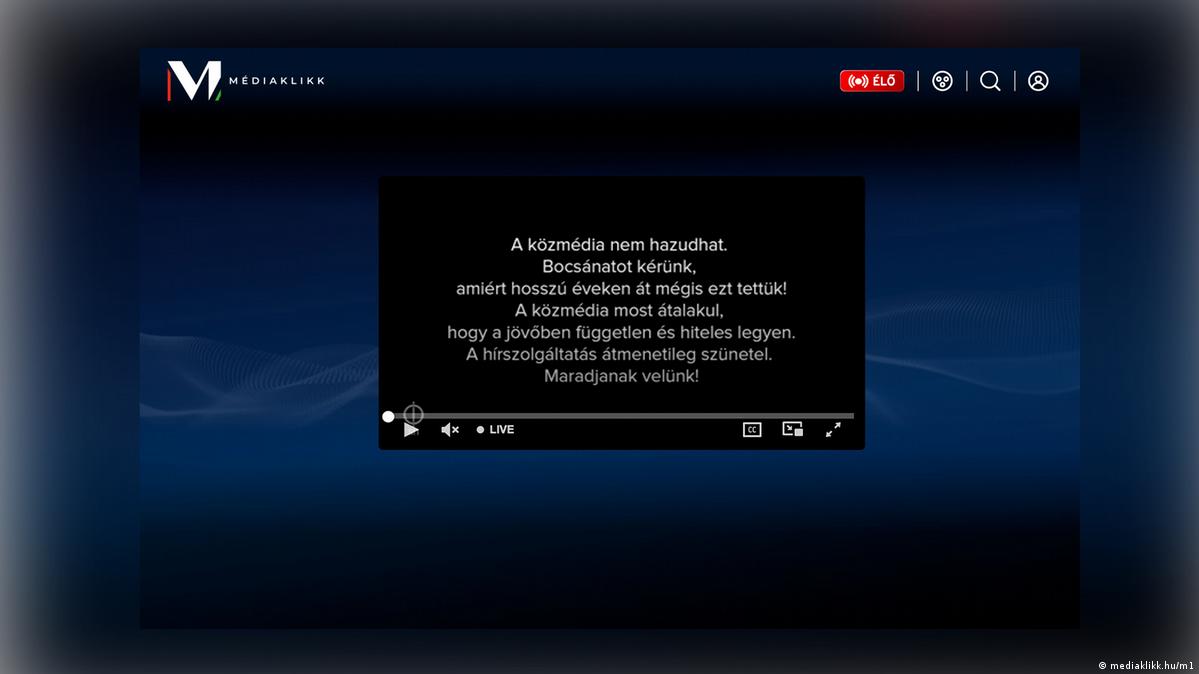 The Hungarian television channel M1 stopped broadcasting for just under four hours on Tuesday, posting this apology and announcement instead Image: mediaklikk.hu/m1
