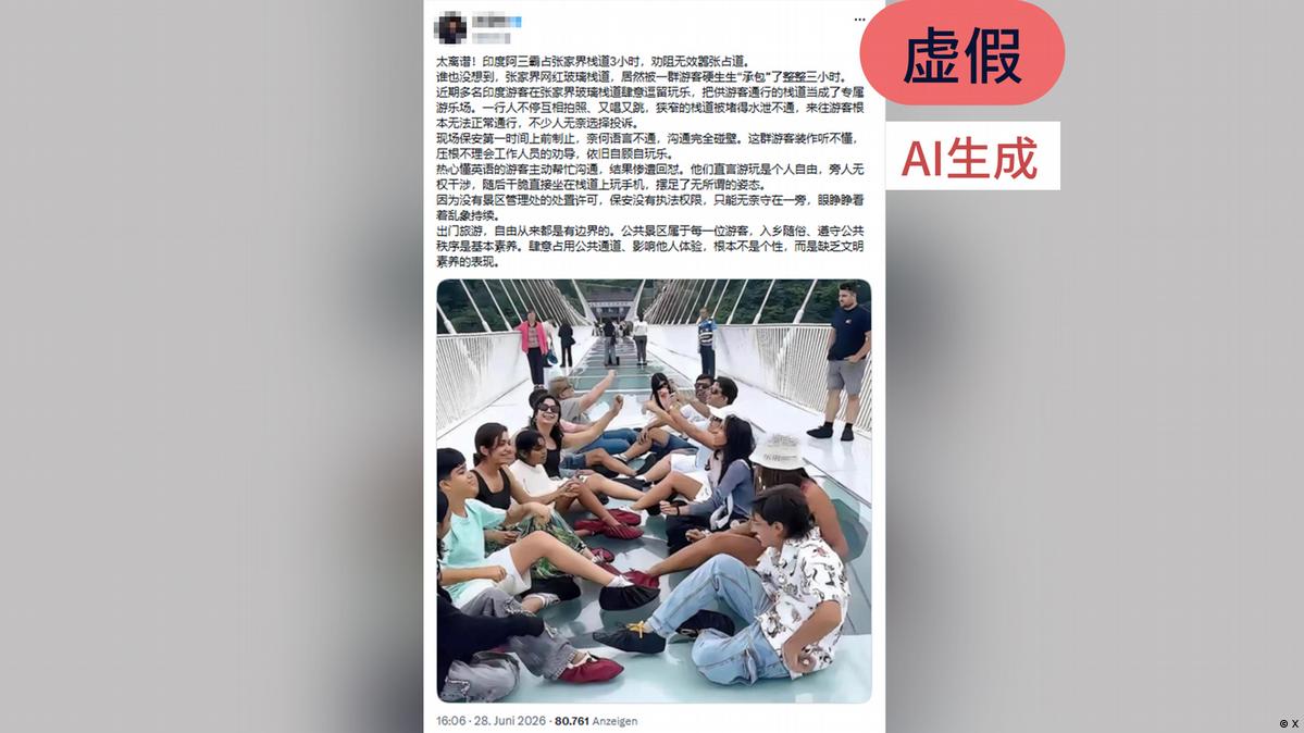 Symbolbild Desinformation | Screenshot eines Posts auf X mit KI-generierten Bildern, Faktencheck 号称“印度人霸占张家界栈道”的说法不符合事实,图片为AI生成。