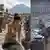 A montage of three AI-generated "historical" images: a woman washing laundry at a well with a mountain in the background, a data center, and soldiers raising a US flag.