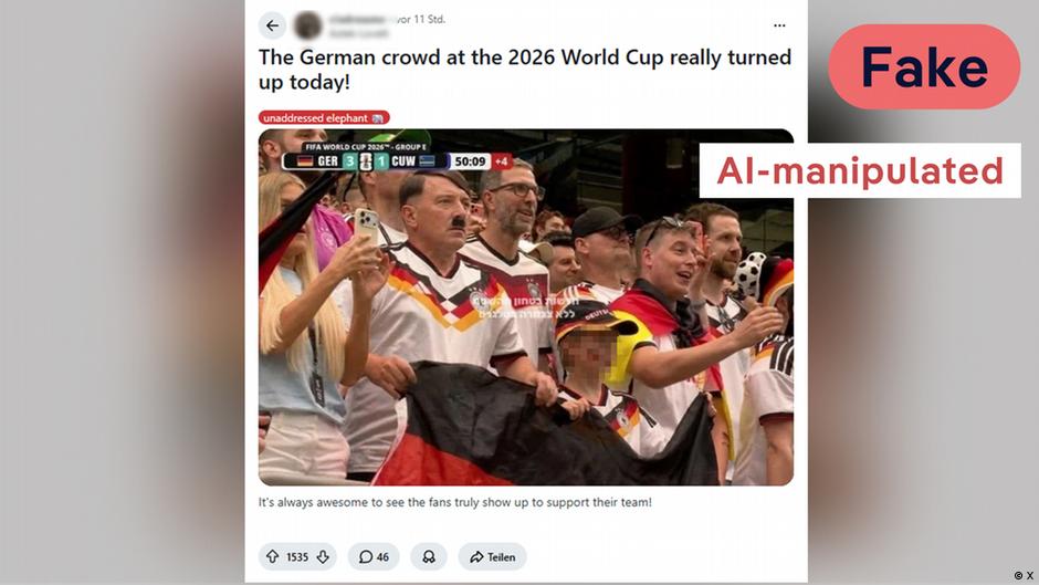 Image accompanying An image of a fan inside the stadium wearing a German shirt, holding a German flag during Sunday's FIFA World Cup match Germany-Curaçao, and bearing a resembla