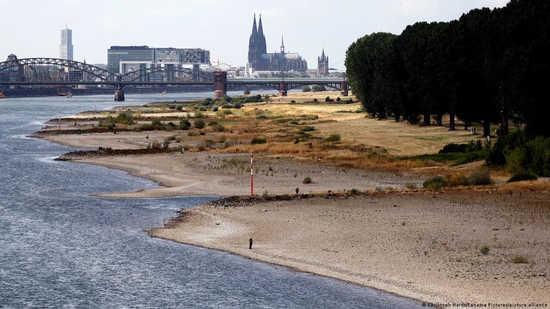 A imagem mostra o rio Reno e suas margens com muito menos água do que o normal devido ao calor do verão europeu e a menor ocorrência de chuva nessa época. Ao fundo, estão prédios, uma ponta e a catedral de Colônia.