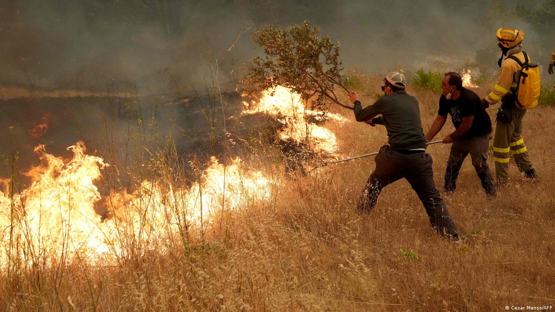 Tres personas, de las que sólo uno lleva uniforme de los servicios de emergencias, tratan de extinguir las llamas que avanzan por los matojos secos. Tres personas, de las que sólo uno lleva uniforme de los servicios de emergencias, tratan de extinguir las llamas que avanzan por los matojos secos.