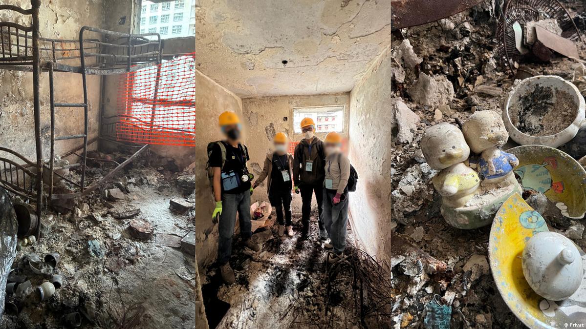 Hongkong 2026 | Brand Wang Fuk Court | Verkohlte Überreste von Brians Wohnung Brian 的单位烧剩一些铁支架和少量瓷器外,基本上全都化成焦碳。
