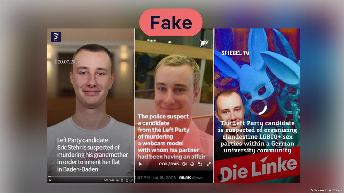 Eric Stehr hakkında X platformunda yayımlanan üç sahte video yan yana yer alıyor. Görsellerin üzerinde "Fake" (Sahte) ibaresi bulunuyor