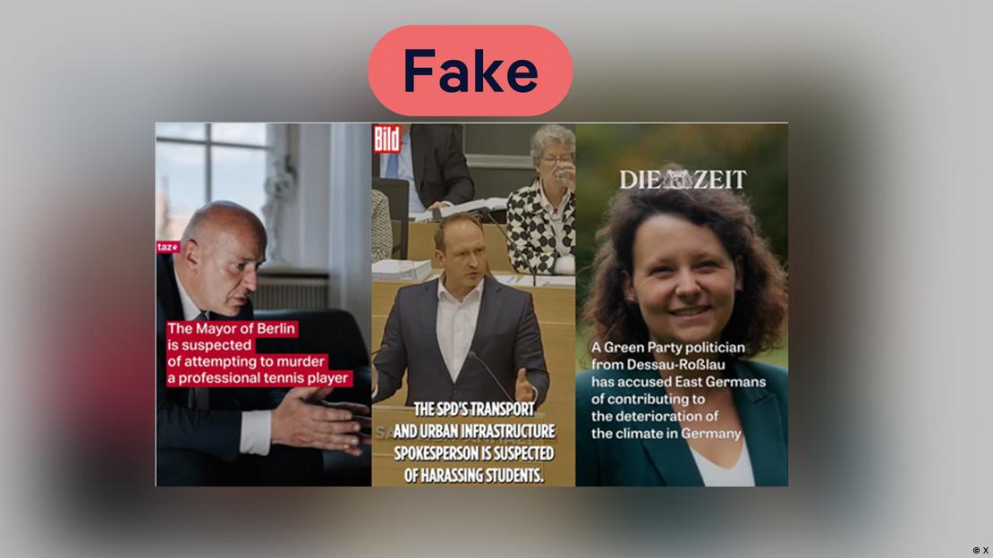 Üç farklı kişinin yer aldığı sahte video görsellerinden oluşan bir kolaj. Üst bölümde "Fake" etiketi yer alıyor; içerikler medya haberi izlenimi verecek şekilde hazırlanmış
