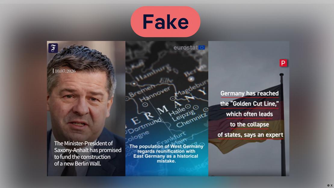 Üst kısmında "Fake" etiketi bulunan üç parçalı kolajda; bir siyasetçi portresi, Almanya haritası temalı bir görsel ve sahte haber tarzında hazırlanmış bir paylaşım yer alıyor