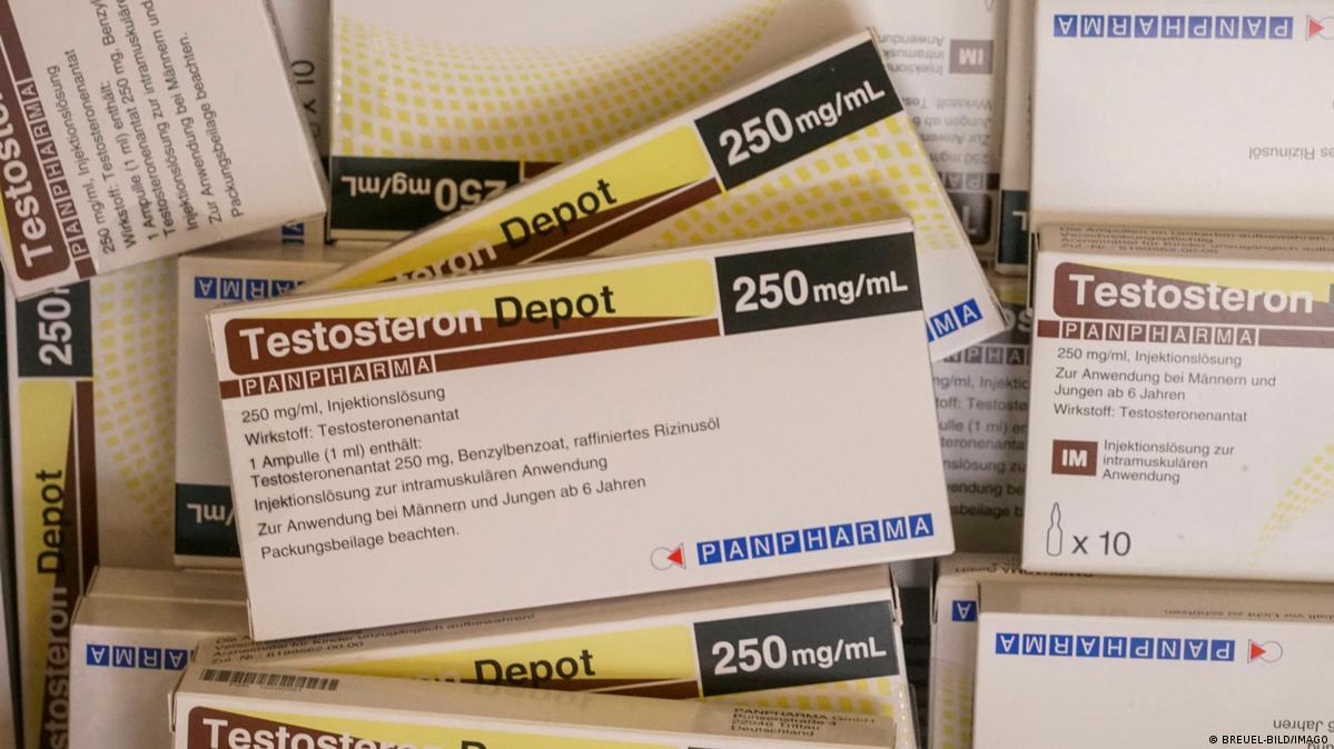 Testosterone, stimulant drugs packaging lying on a table