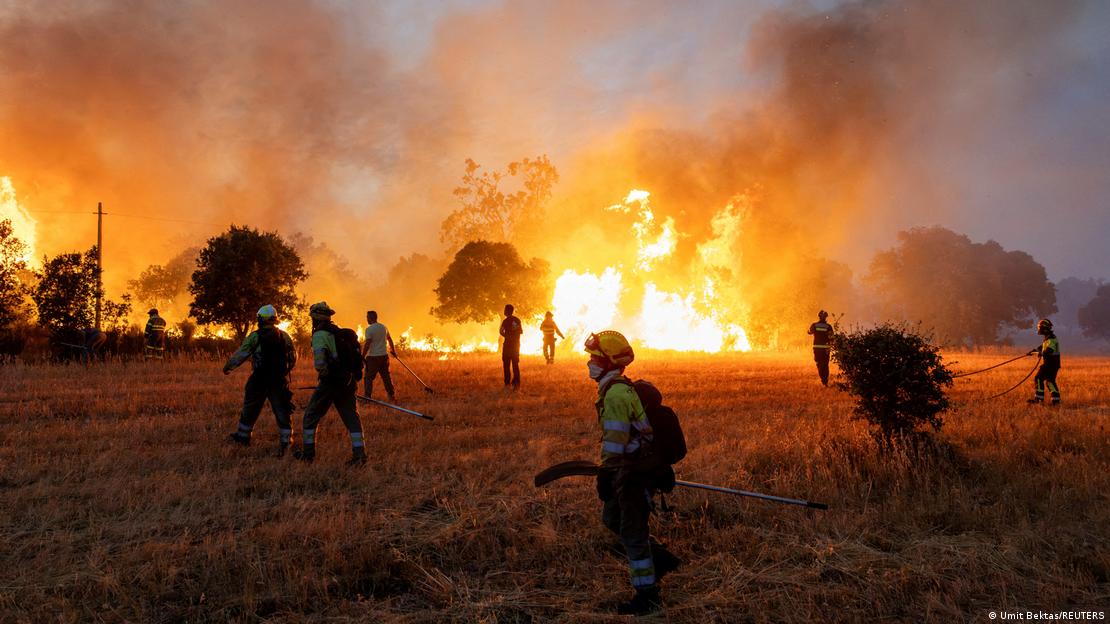 Brigadistas combatem o fogo em área rural na Espanha