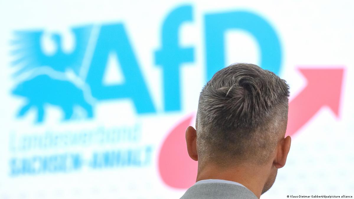 The back of a man's head in front of an AfD banner