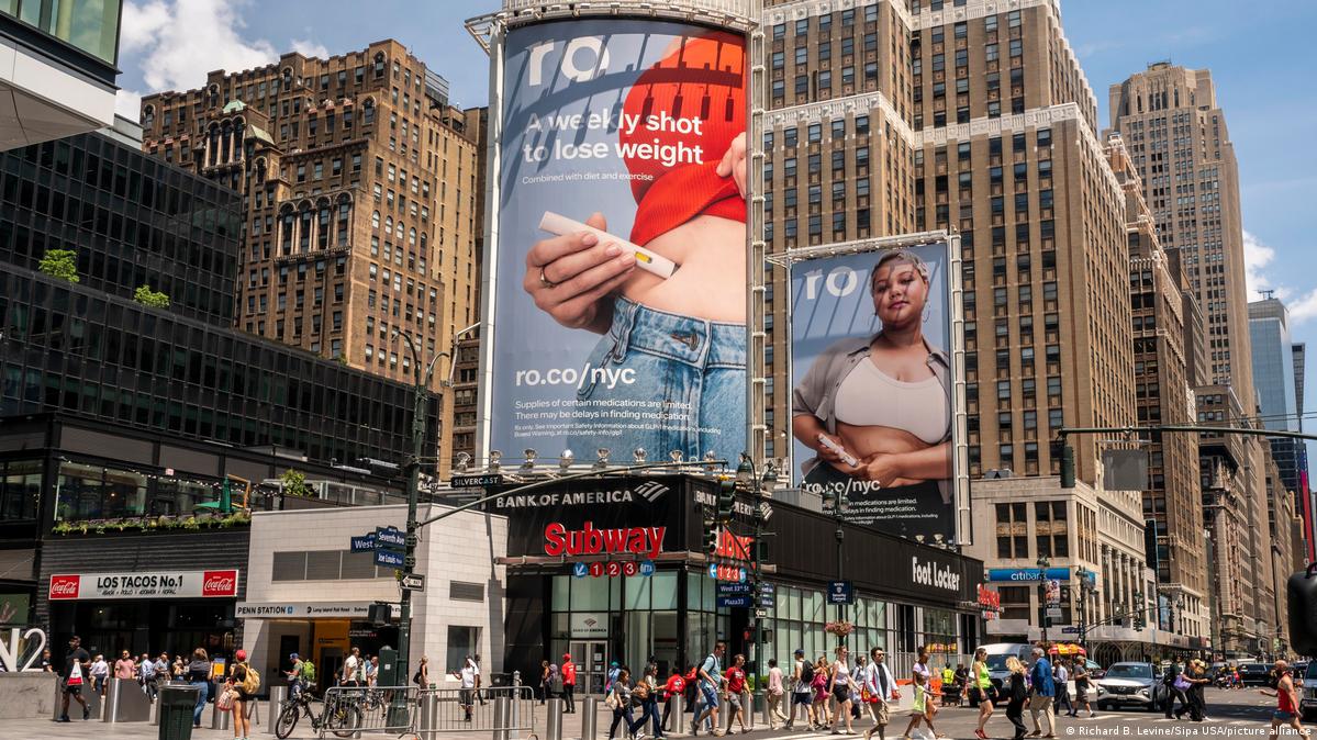 Advertising for Wegovy and other weight loss injections outside Penn Station in New York