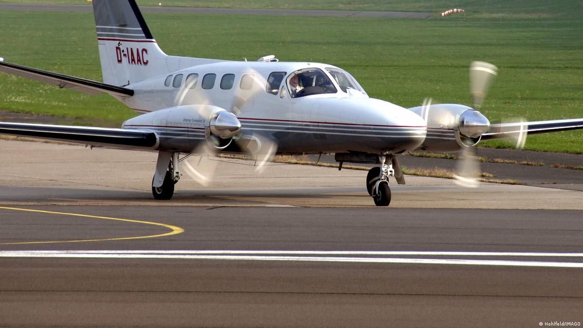 A Cessna 441 plane seen on an airstrip