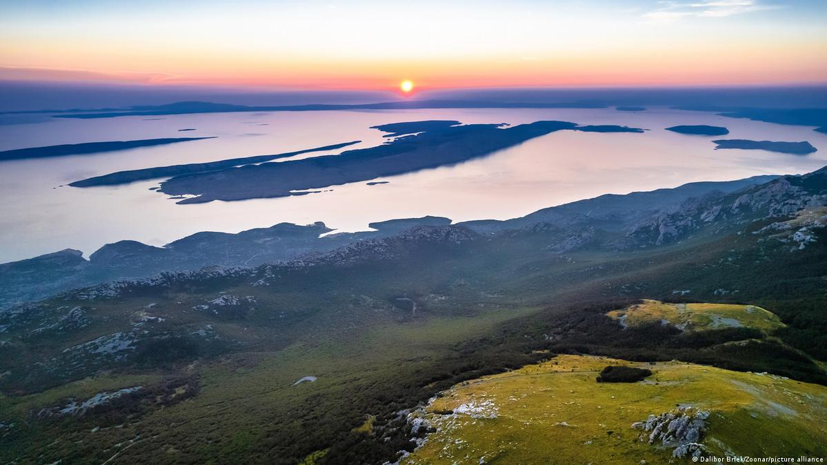 A panoramic view of the Adriatic archipelago at sunset from Alan, on the Velebit mountains, Croatia
