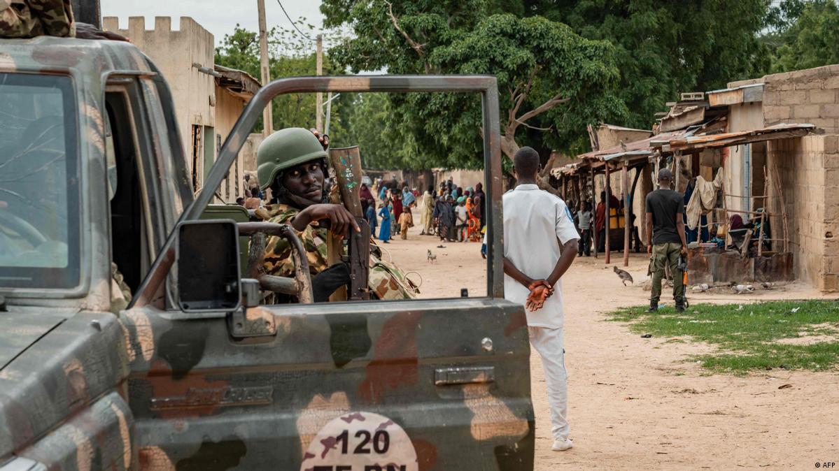 A Nigerian soldier stands guard in the rural village of Goniri, in the country's North East on July 31, 2026