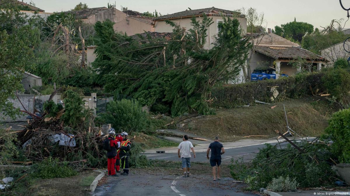 Damaged houses and toppled trees after a tornado struck Pomas