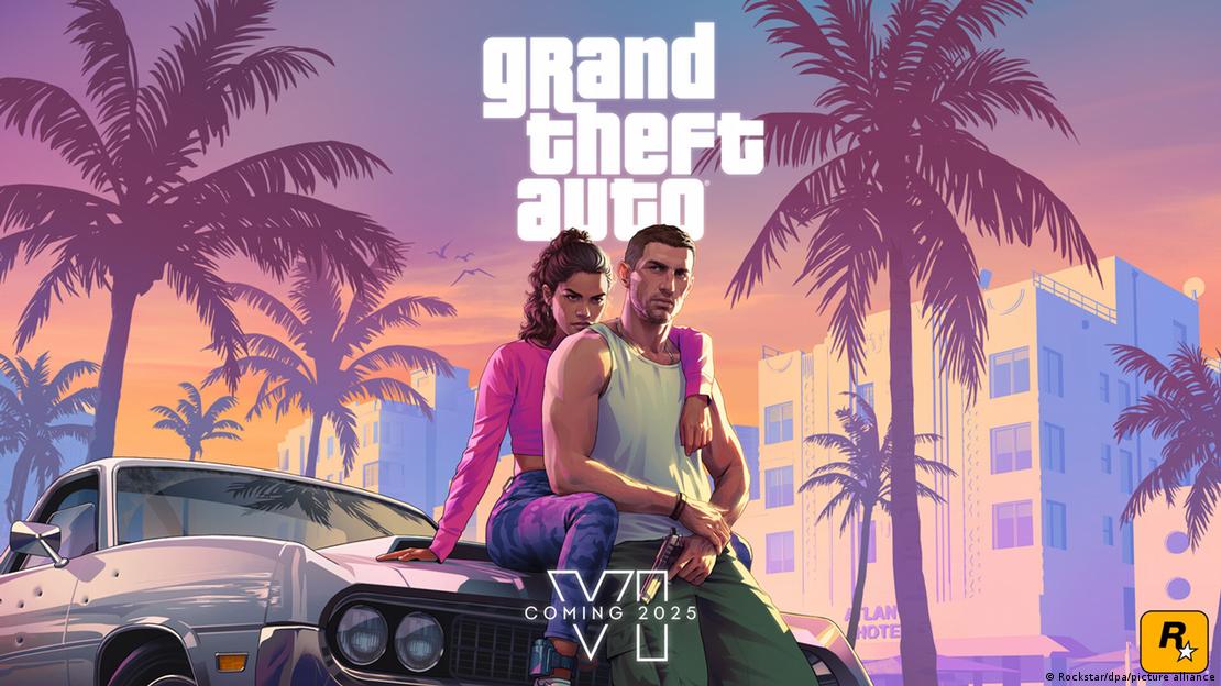 Grand Theft Auto (GTA) VI için hazırlanan tanıtım görselinde iki oyun karakteri, palmiye ağaçları ve otomobillerin bulunduğu Vice City temalı bir sahnede yer alıyor.