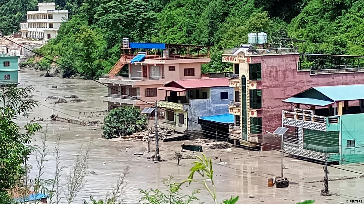 A flooded road following a flash flood in Galchhi in the Dhading district, Nepal