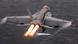 A gray fighter aircraft, seen from behind, flying low over the sea with two jets of flame shooting out from the back. A gray fighter aircraft, seen from behind, flying low over the sea with two jets of flame shooting out from the back.