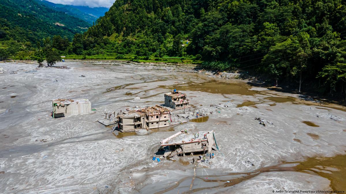 An aerial view from August 31 shows widespread damage along the Trishuli River near Betrawati, on the border of Rasuwa and Nuwakot districts, following severe flooding linked to the Bhotekoshi River f