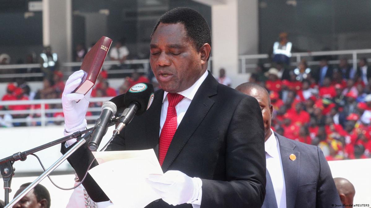 Zambia's President Hakainde Hichilema holds a copy of the Bible during his swearing-in ceremony for a second term at National Heroes Stadium in Lusaka, Zambia, September 1, 2026