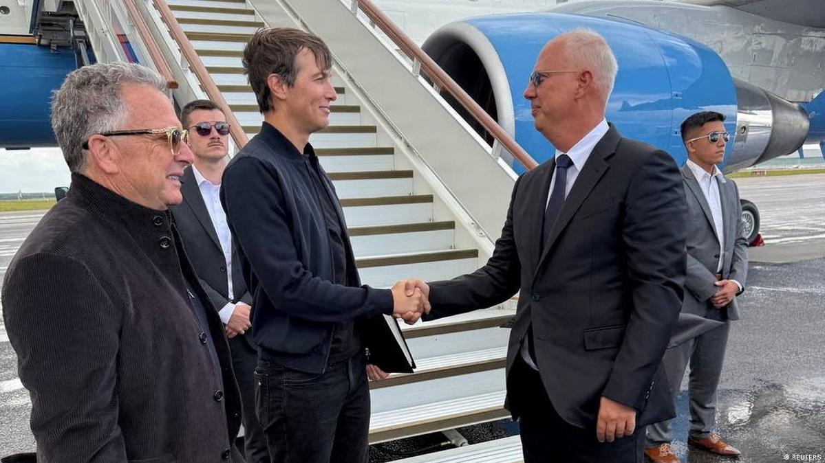 Russian presidential envoy Kirill Dmitriev greets U.S. special representatives Jared Kushner and Steve Witkoff upon their arrival at Vnukovo International Airport in Moscow, Russia