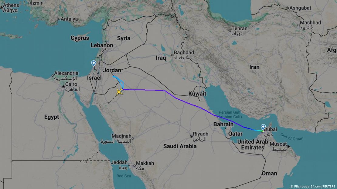 El recorrido del vuelo FZ 1073 desde Dubái hasta Tabuk publicado por la página de seguimiento de vuelos Flightradar24.