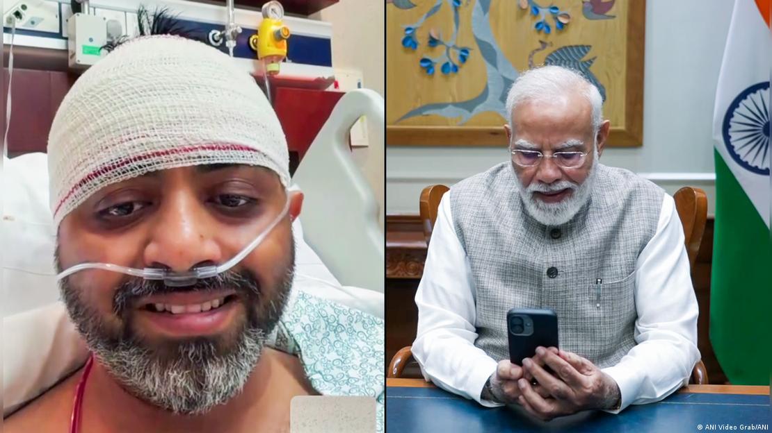 İkiye bölünmüş ekranın solunda başı sargılı ve serum bağlı Hint pilot Smit Machchhar, sağında ise Hindistan Başbakanı Narendra Modi var.