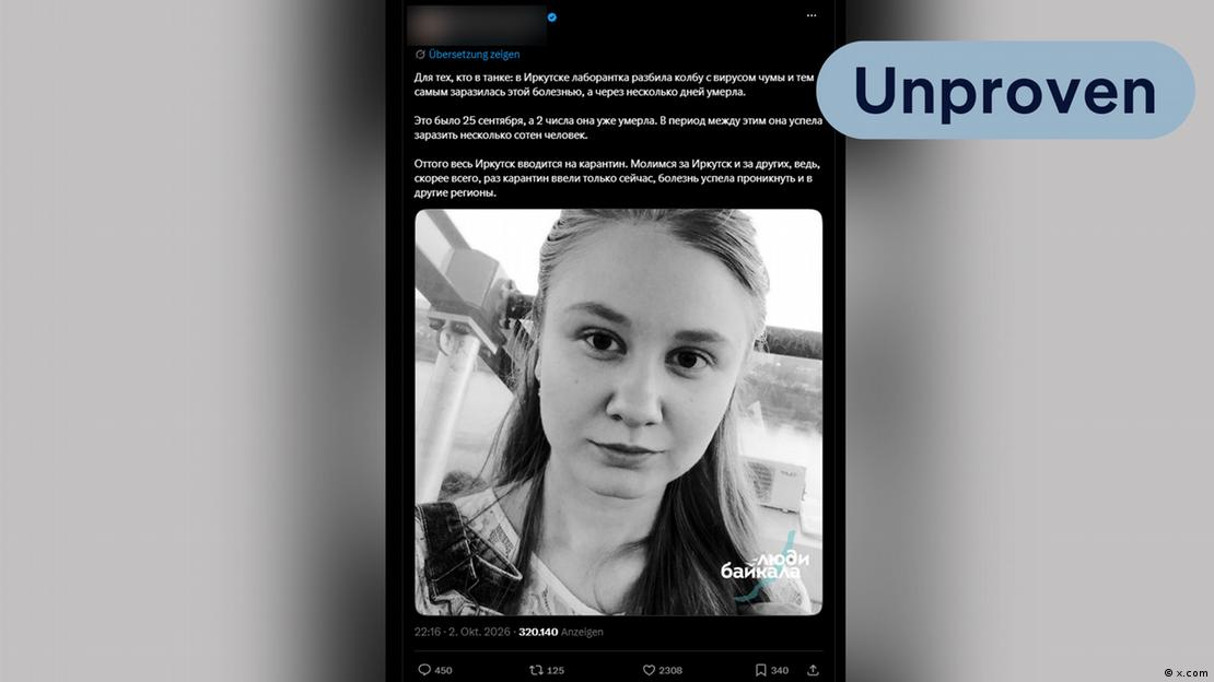 Foto de una mujer técnica de laboratorio bajo sospecha de haber muerto de peste neumónica, con la leyenda "Unproven" (No comprobado).