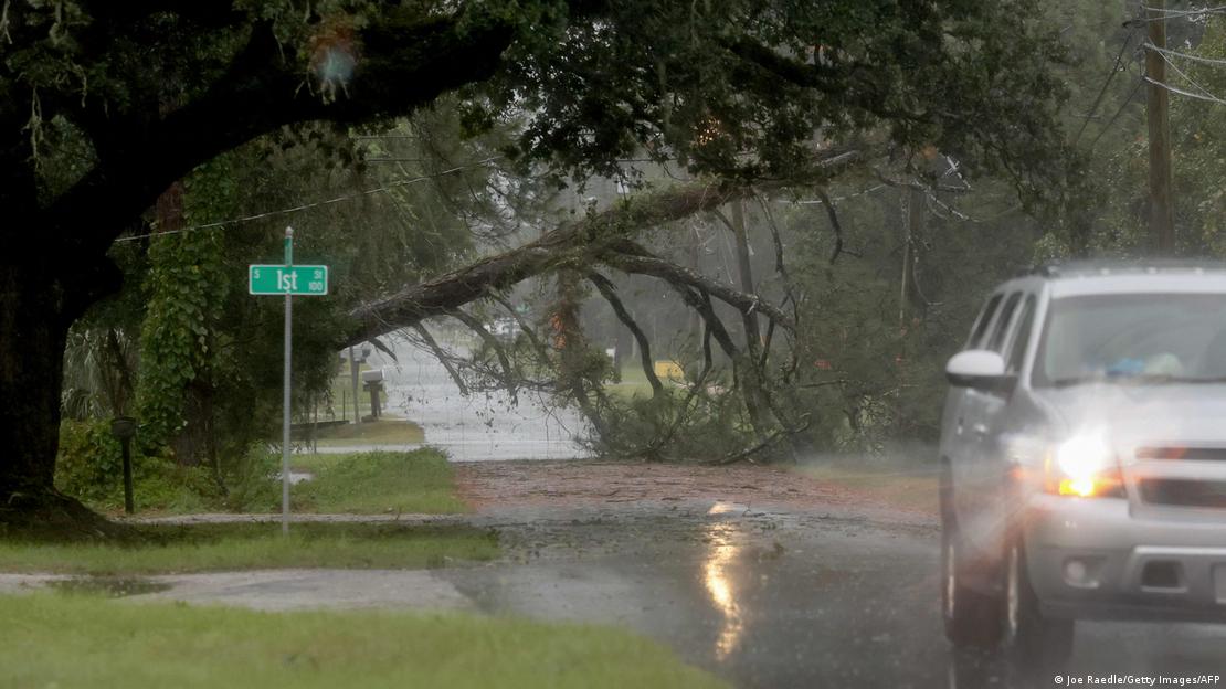 A fallen tree blocks a street as wind and rain from Hurricane Isaias approach the area on October 09, 2026, in Pensacola, Florida