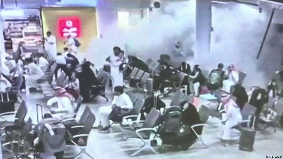 This screen grab taken from CCTV footage played on a screen during a press conference by the Saudi-led coalition in Riyadh