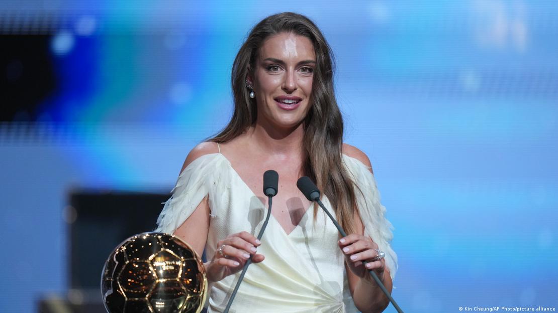 Spain's Alexia Putellas speaking in a microphone at the Ballon d'Or award event
